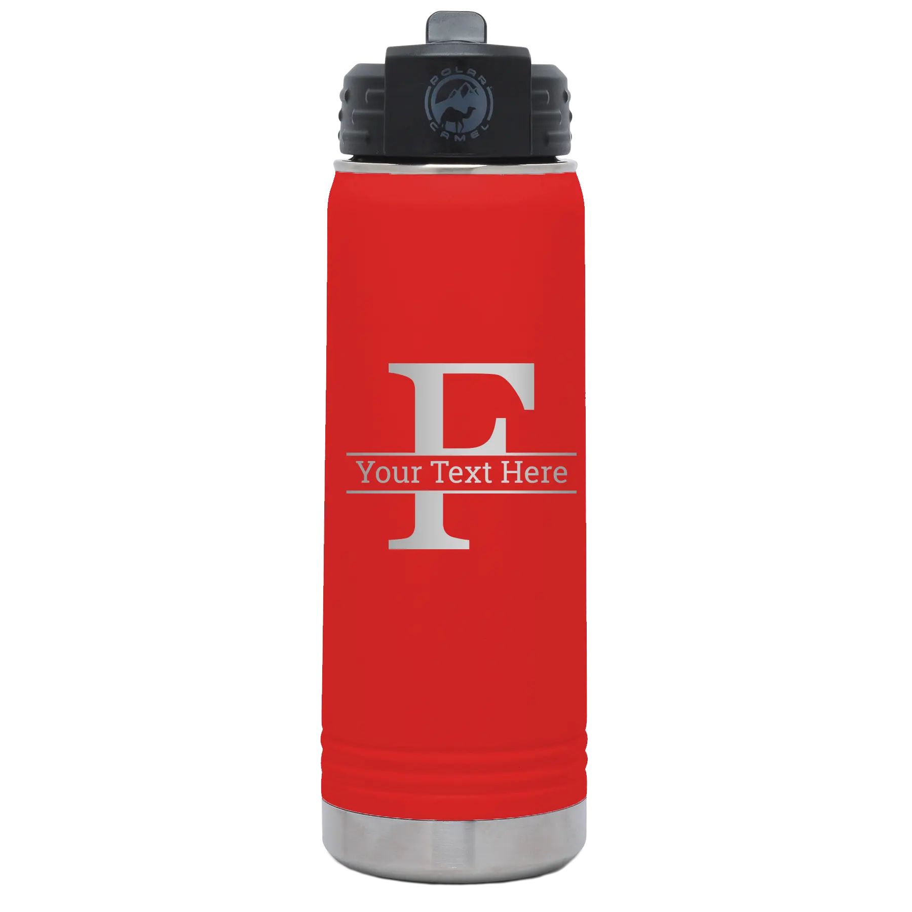 Personalized red 20 oz vacuum insulated water bottle with 'Monogram letter F' design