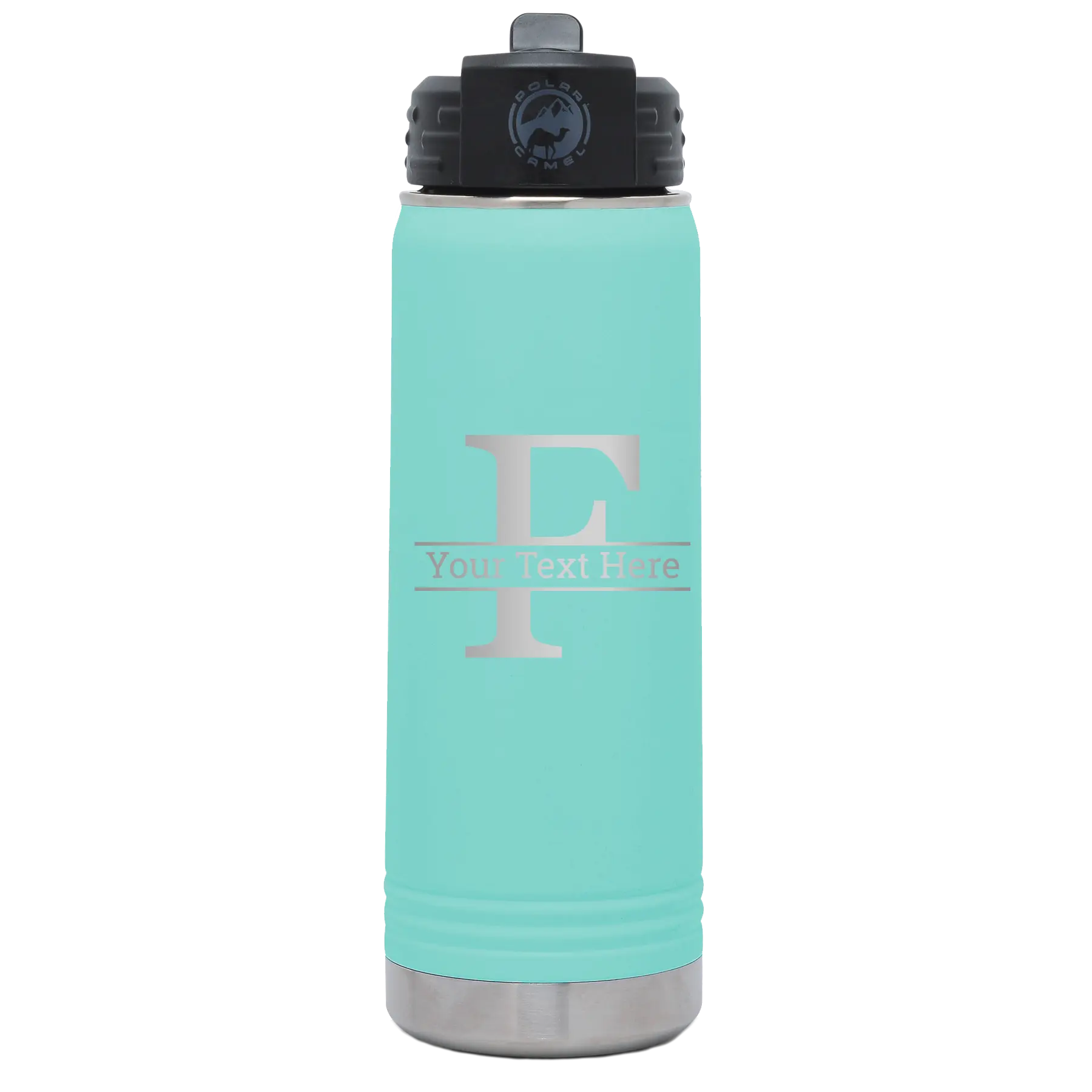 Personalized teal 20 oz vacuum insulated water bottle with 'Monogram letter F' design
