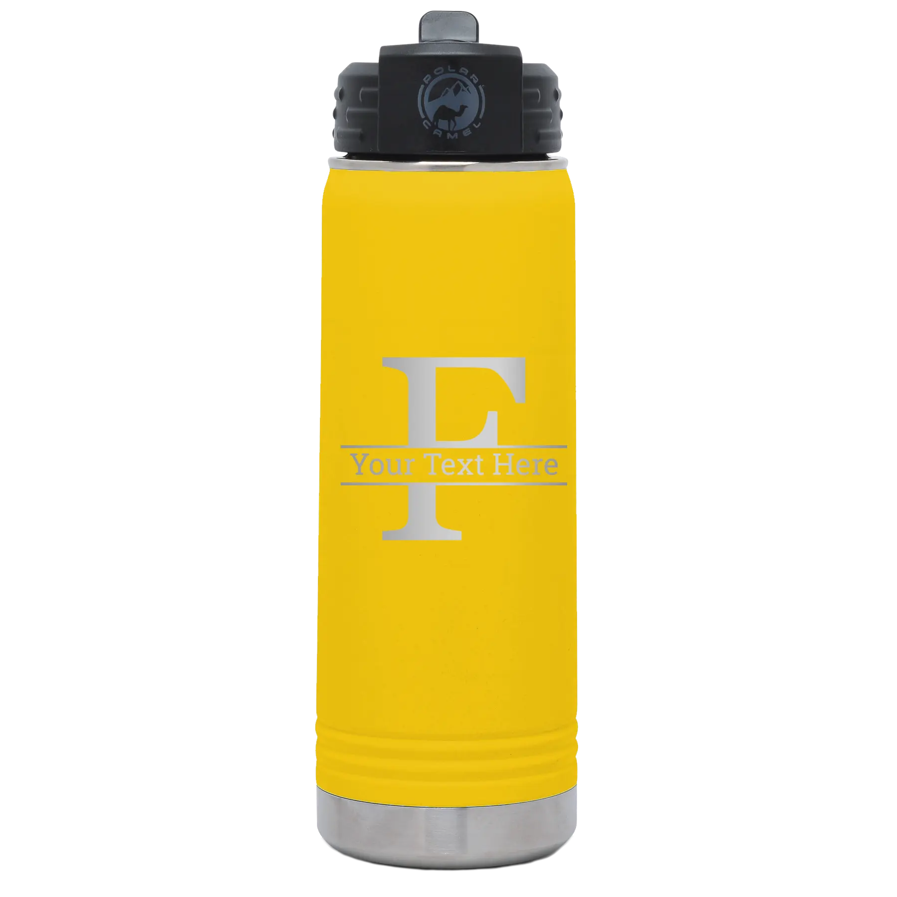 Personalized yellow 20 oz vacuum insulated water bottle with 'Monogram letter F' design