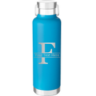Personalized aqua 24 oz vacuum insulated water bottle with 'Monogram letter F' design
