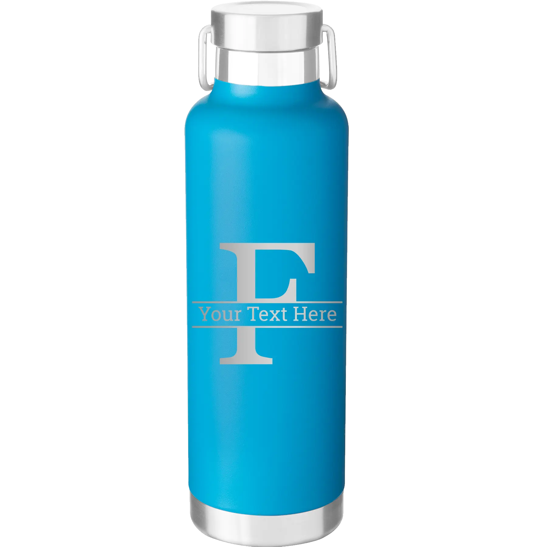 Personalized aqua 24 oz vacuum insulated water bottle with 'Monogram letter F' design