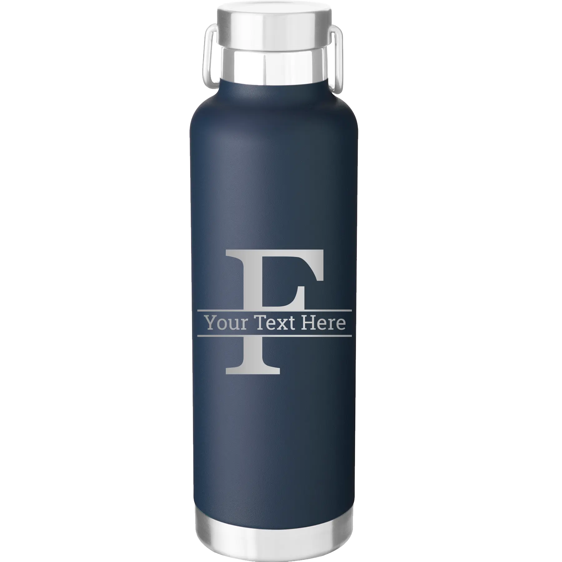 Personalized navy 24 oz vacuum insulated water bottle with 'Monogram letter F' design