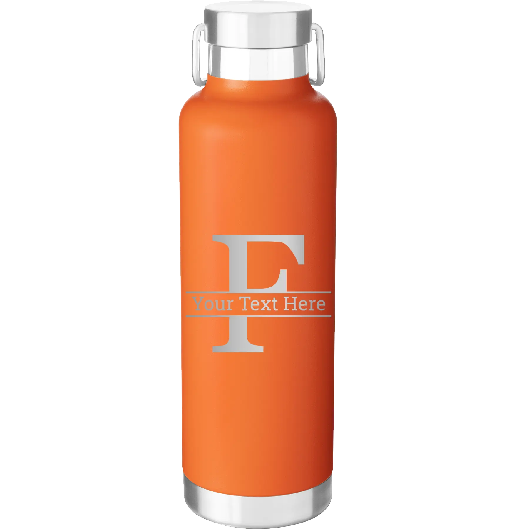 Personalized orange 24 oz vacuum insulated water bottle with 'Monogram letter F' design