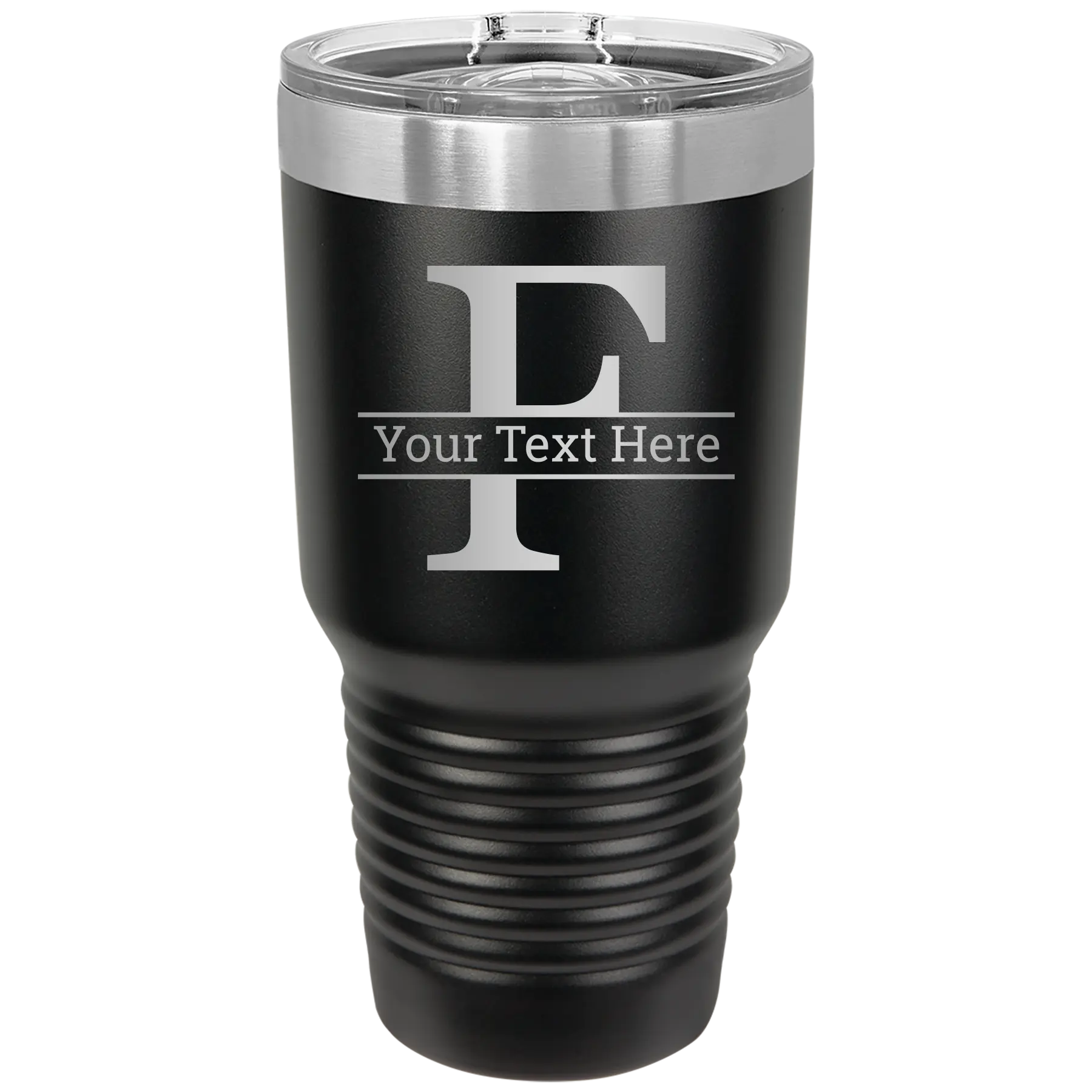 Personalized black 30 oz vacuum insulated tumbler with 'Monogram letter F' design