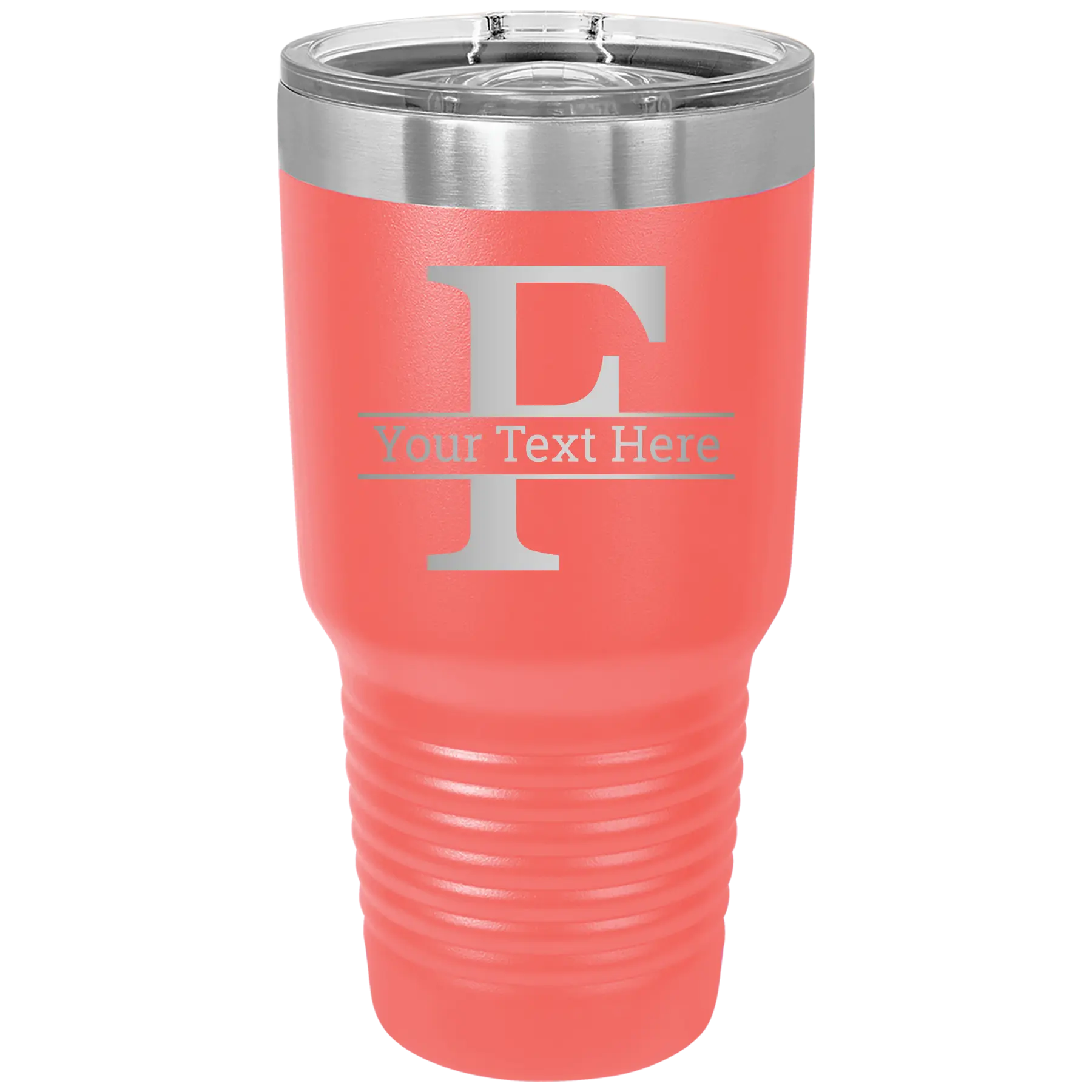 Personalized coral 30 oz vacuum insulated tumbler with 'Monogram letter F' design