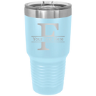 Personalized light blue 30 oz vacuum insulated tumbler with 'Monogram letter F' design