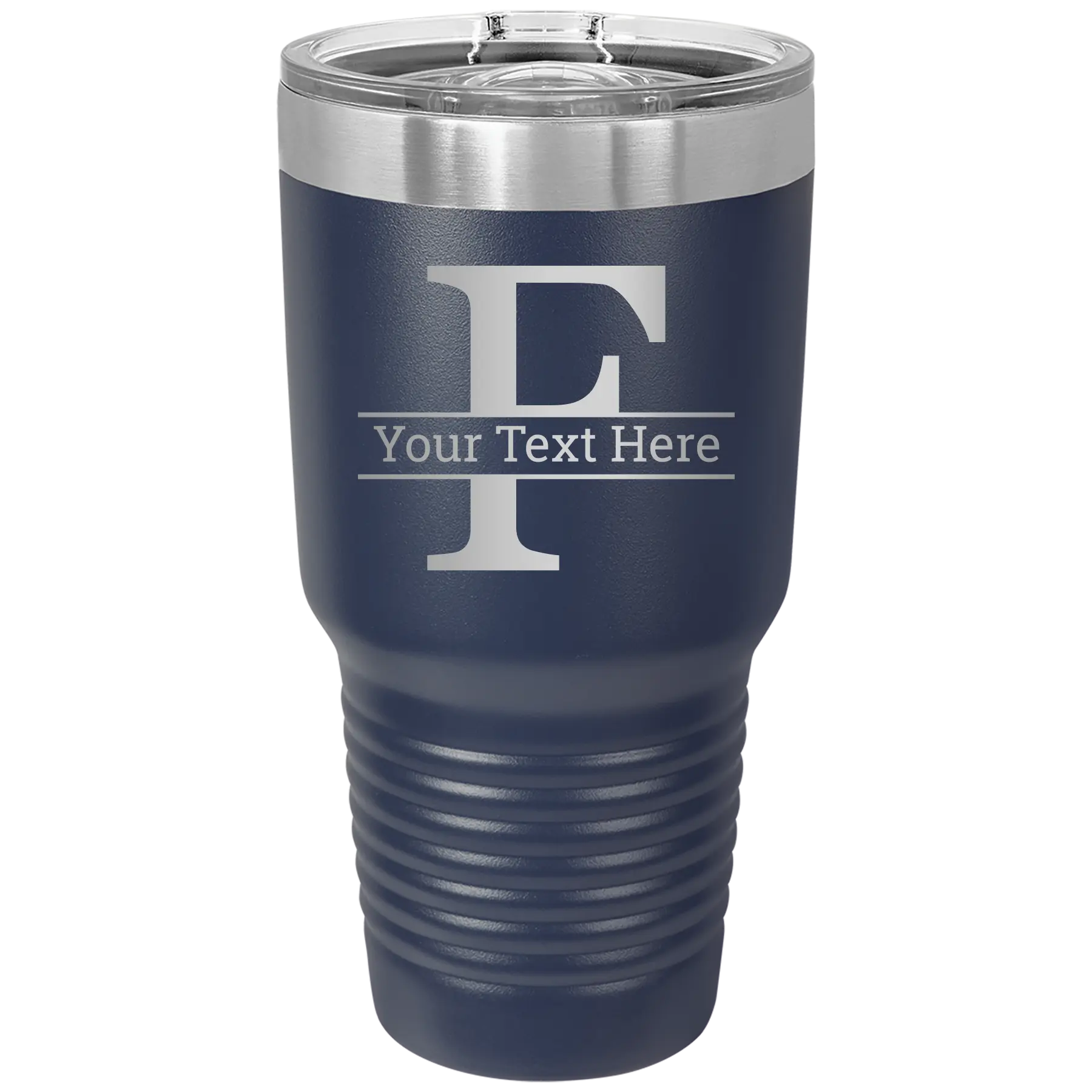 Personalized navy 30 oz vacuum insulated tumbler with 'Monogram letter F' design
