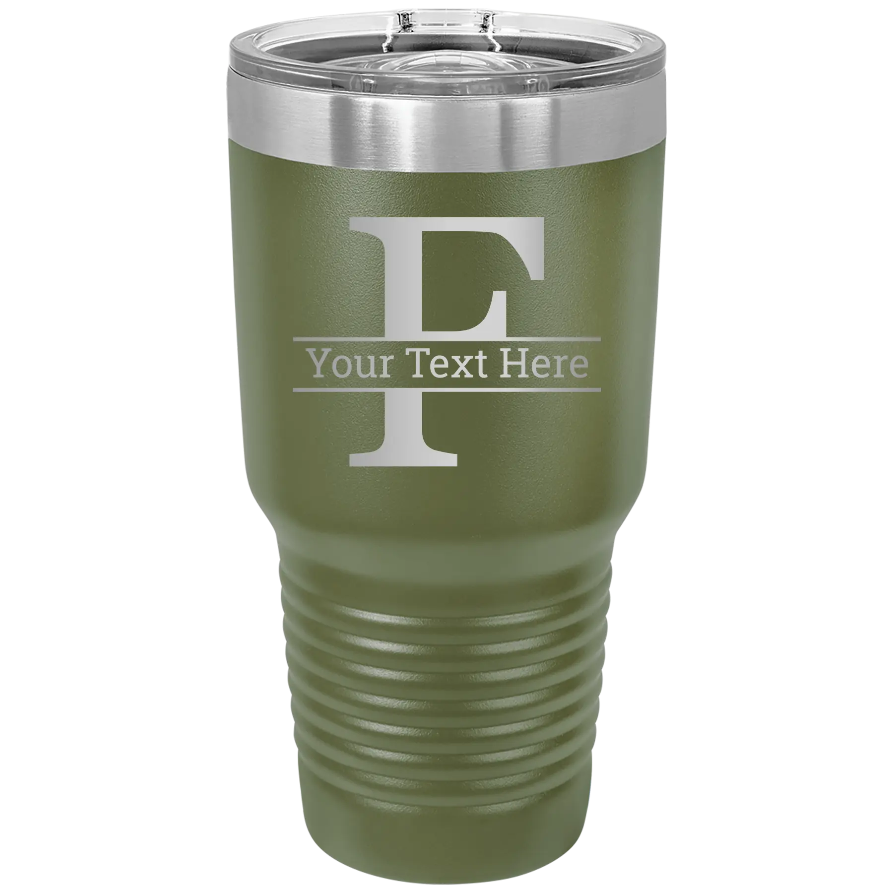 Personalized olive green 30 oz vacuum insulated tumbler with 'Monogram letter F' design