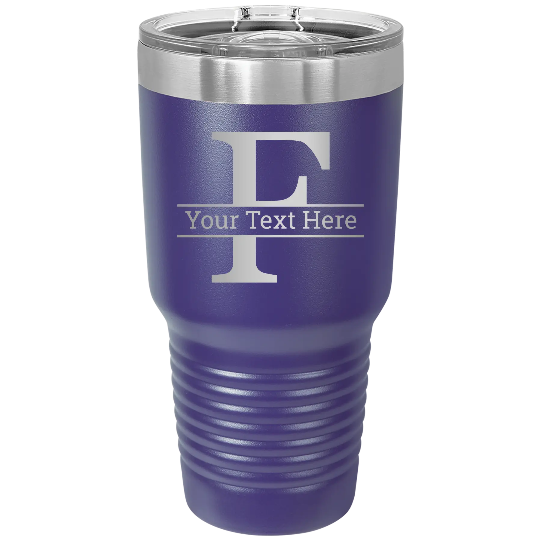 Personalized purple 30 oz vacuum insulated tumbler with 'Monogram letter F' design
