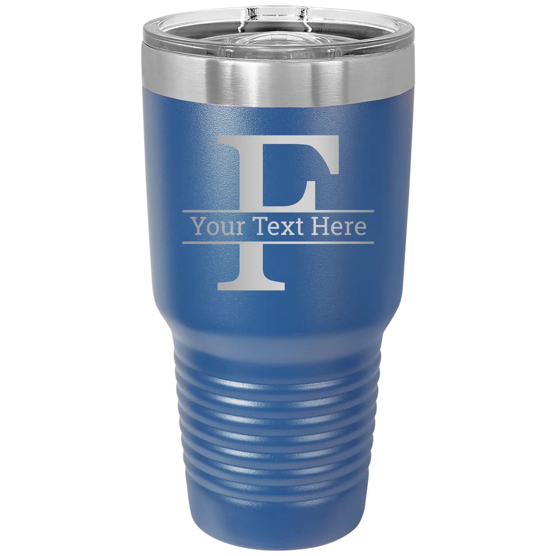 Personalized royal blue 30 oz vacuum insulated tumbler with 'Monogram letter F' design