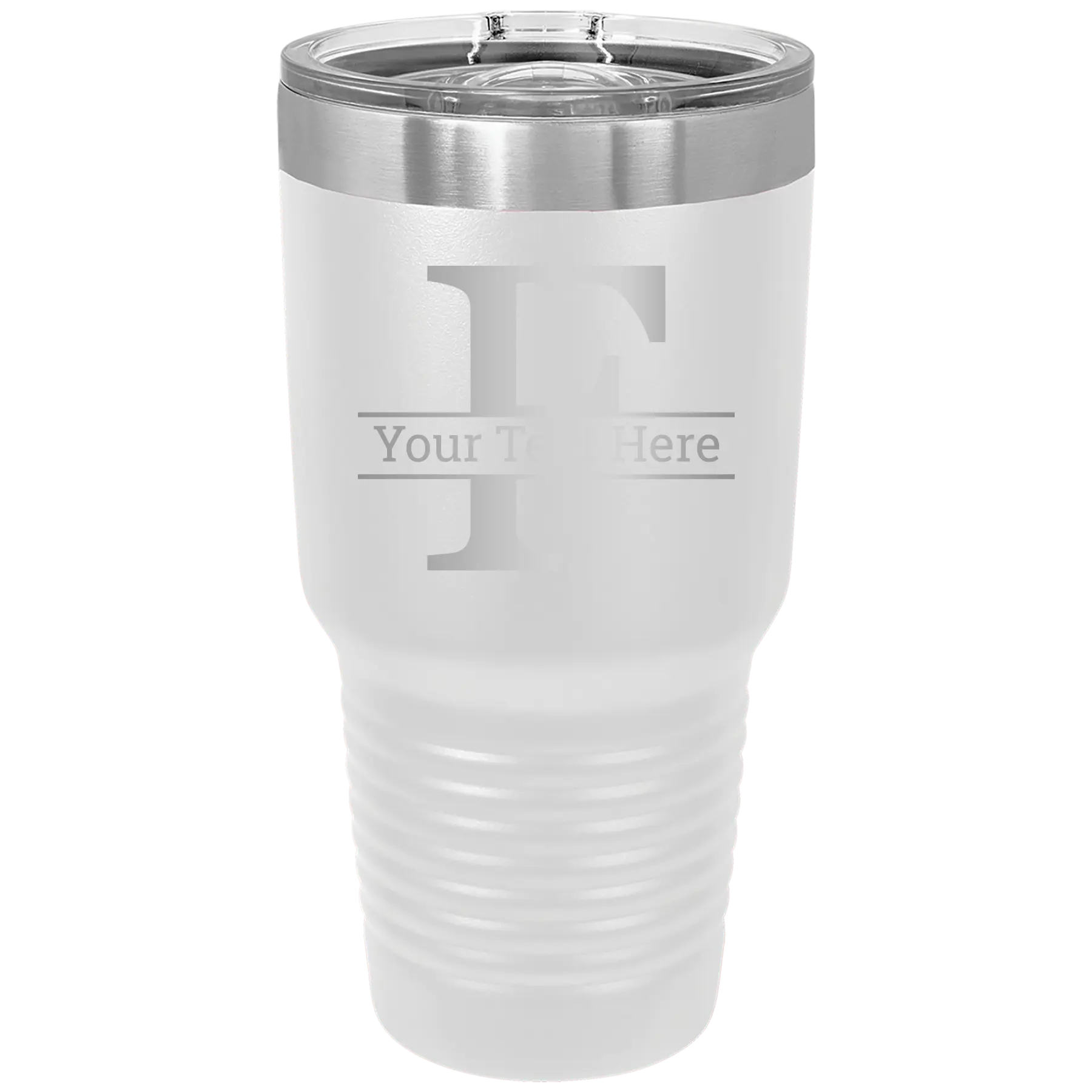 Personalized white 30 oz vacuum insulated tumbler with 'Monogram letter F' design