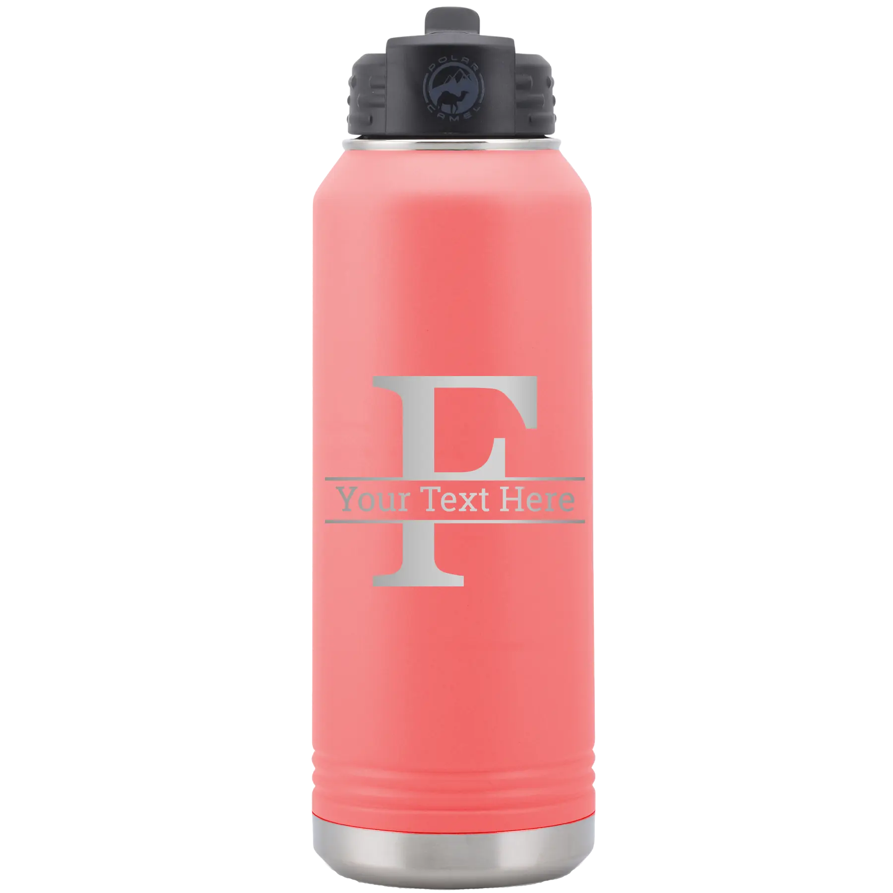 Personalized coral 32 oz vacuum insulated water bottle with 'Monogram letter F' design
