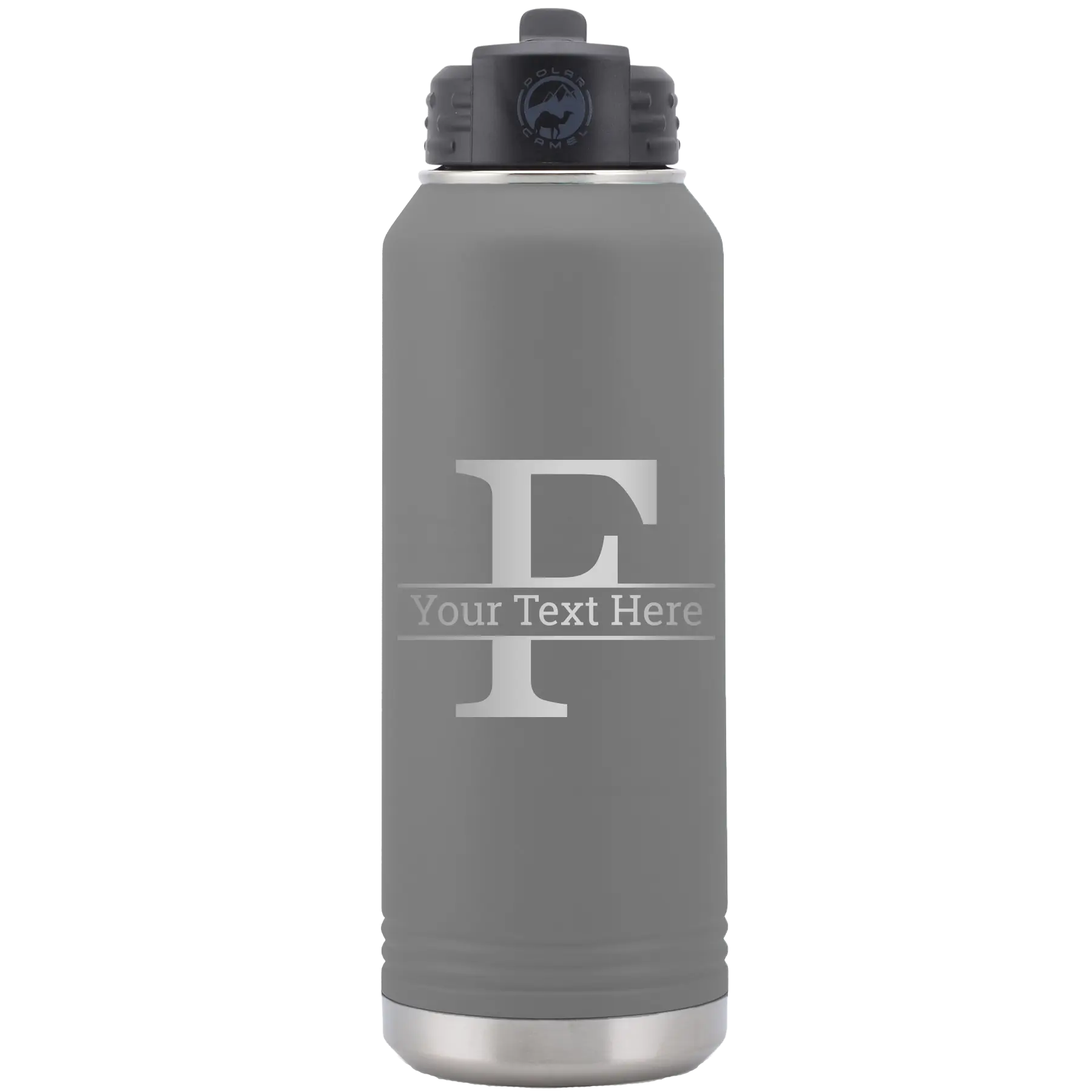 Personalized dark gray 32 oz vacuum insulated water bottle with 'Monogram letter F' design