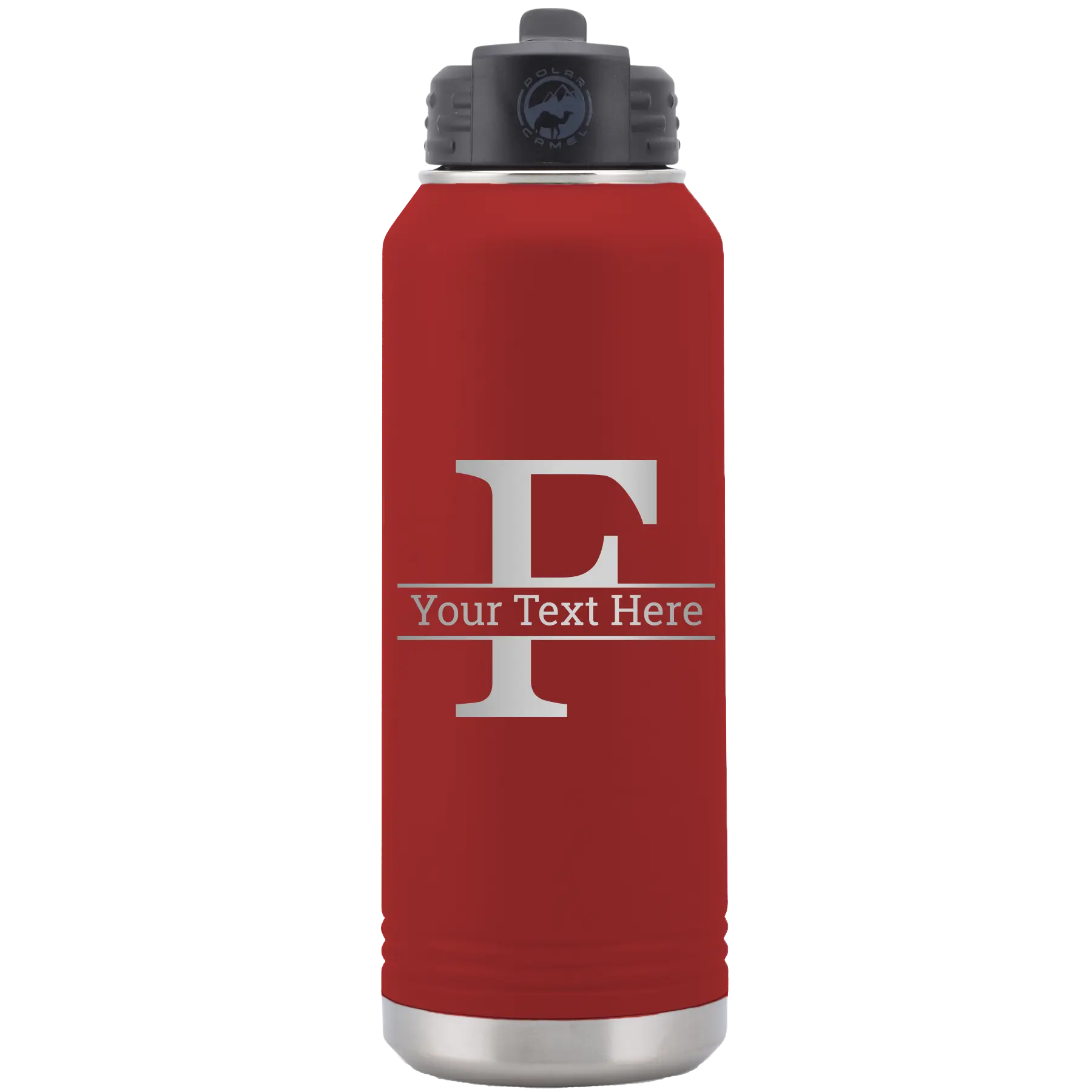 Personalized maroon 32 oz vacuum insulated water bottle with 'Monogram letter F' design