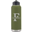 Personalized olive green 32 oz vacuum insulated water bottle with 'Monogram letter F' design