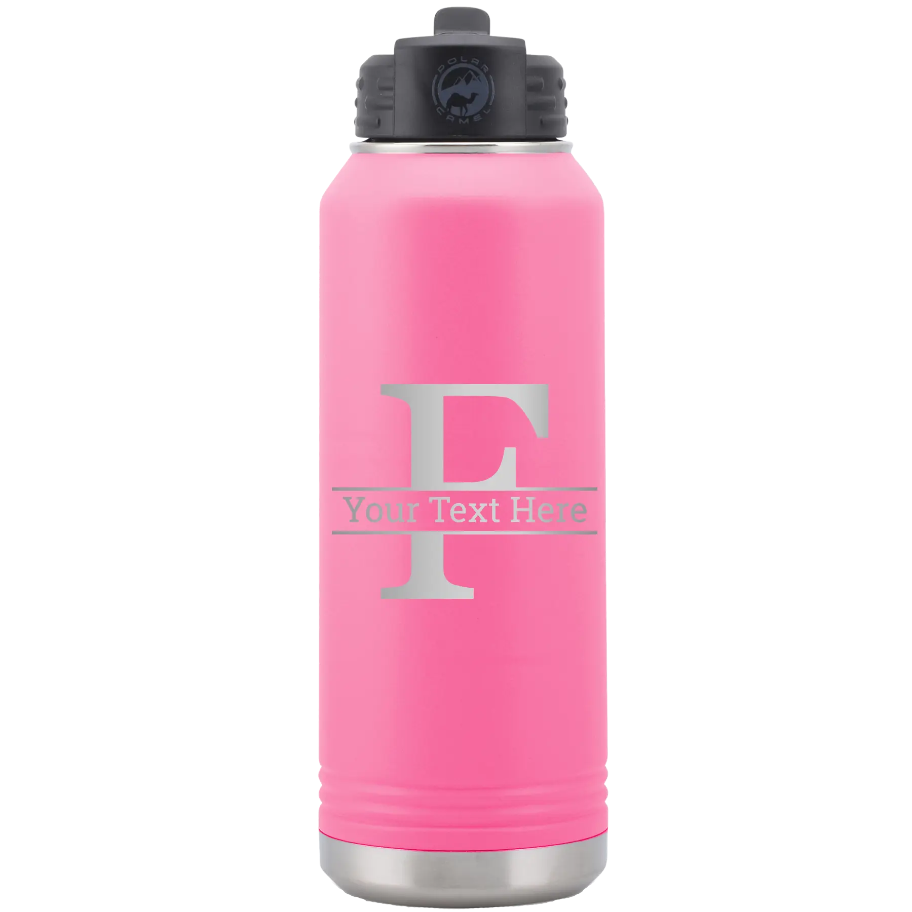 Personalized pink 32 oz vacuum insulated water bottle with 'Monogram letter F' design