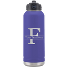 Personalized purple 32 oz vacuum insulated water bottle with 'Monogram letter F' design