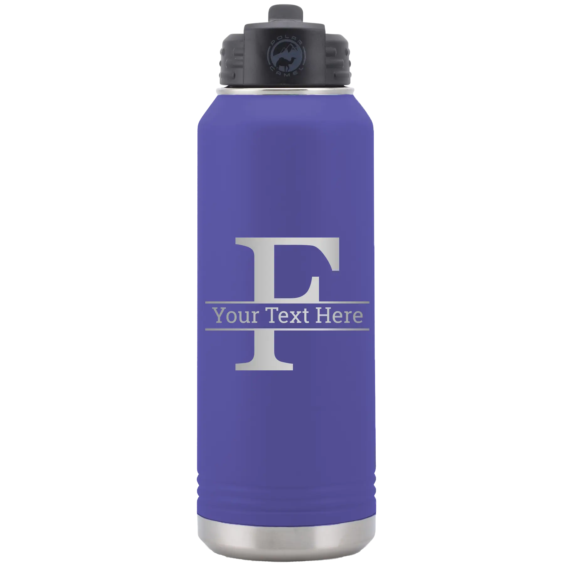 Personalized purple 32 oz vacuum insulated water bottle with 'Monogram letter F' design