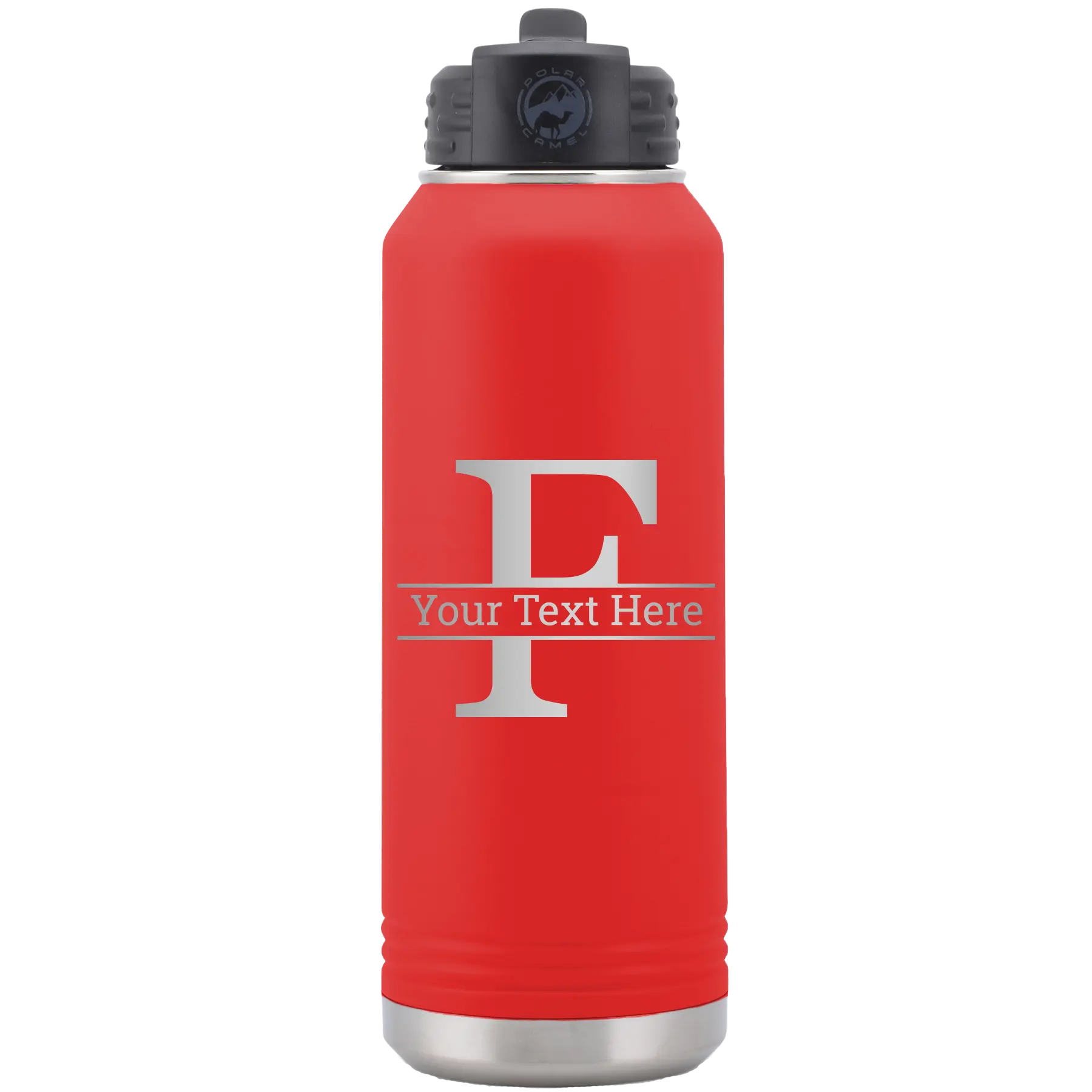 Personalized red 32 oz vacuum insulated water bottle with 'Monogram letter F' design