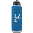 Personalized royal blue 32 oz vacuum insulated water bottle with 'Monogram letter F' design