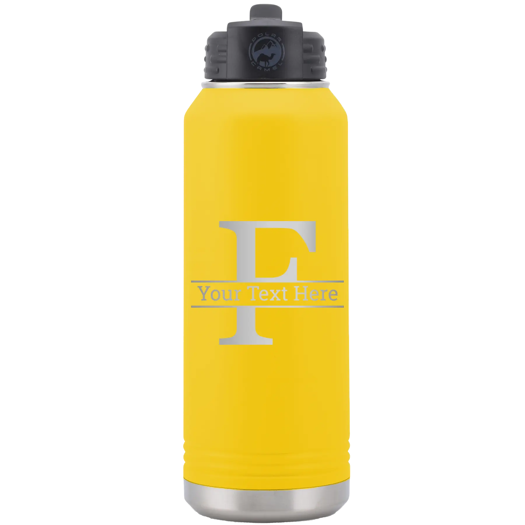 Personalized yellow 32 oz vacuum insulated water bottle with 'Monogram letter F' design