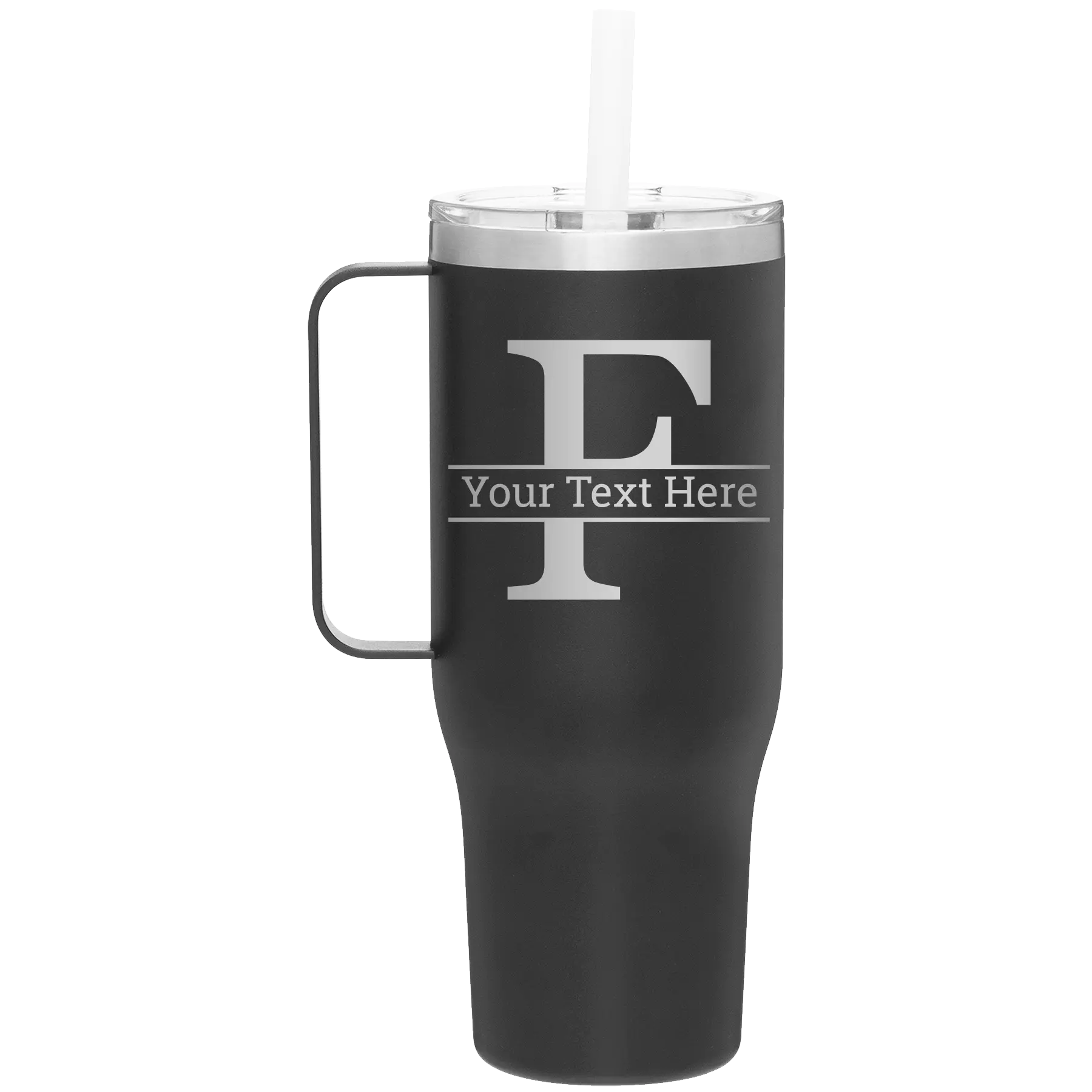 Personalized black 40 oz vacuum insulated tumbler mug with 'Monogram letter F' design