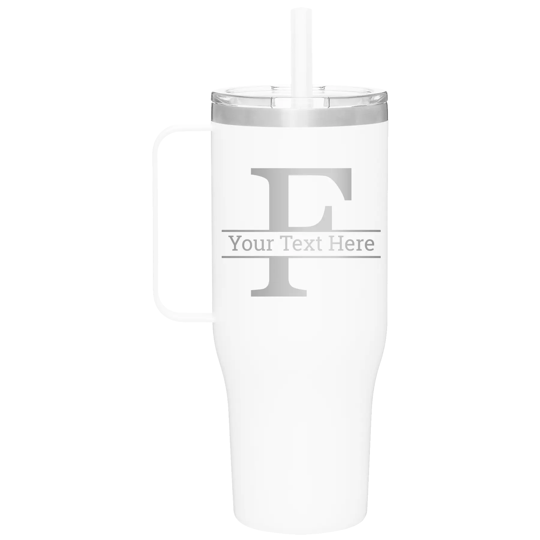 Personalized white 40 oz vacuum insulated tumbler mug with 'Monogram letter F' design