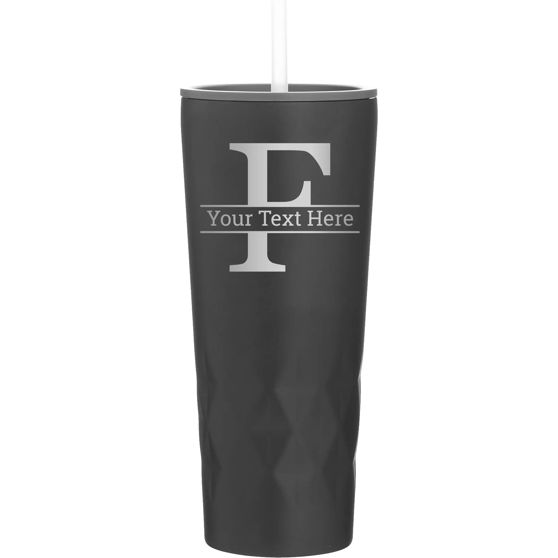Personalized black 20 oz vacuum insulated tumbler with 'Monogram letter F' design