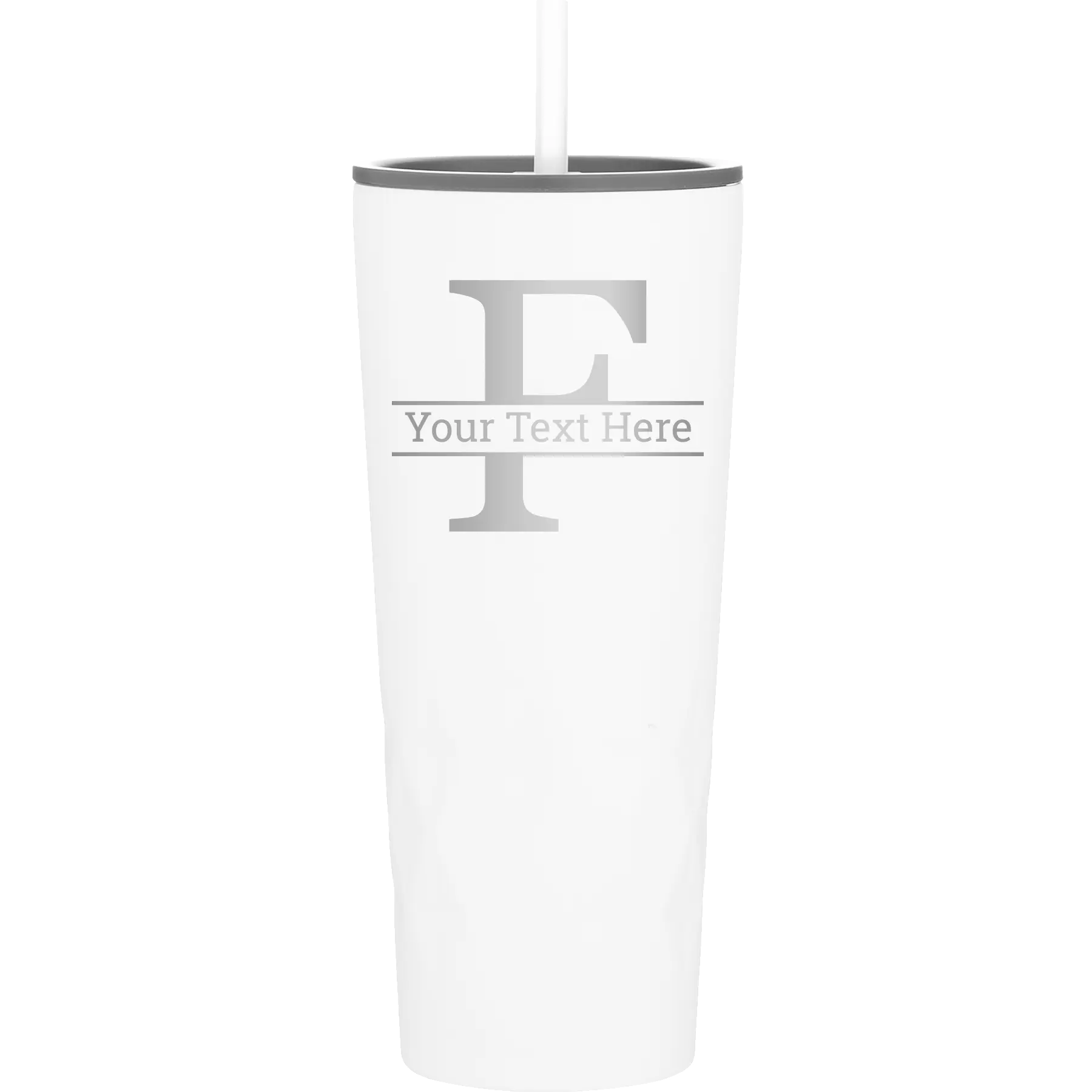 Personalized white 20 oz vacuum insulated tumbler with 'Monogram letter F' design
