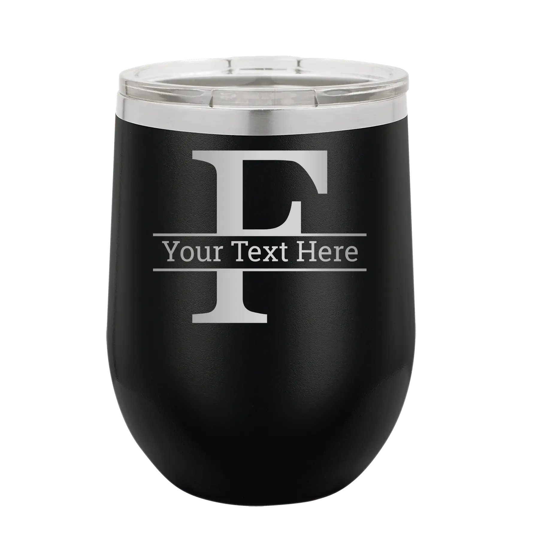 Personalized black 12 oz vacuum insulated wine cup with 'Monogram letter F' design