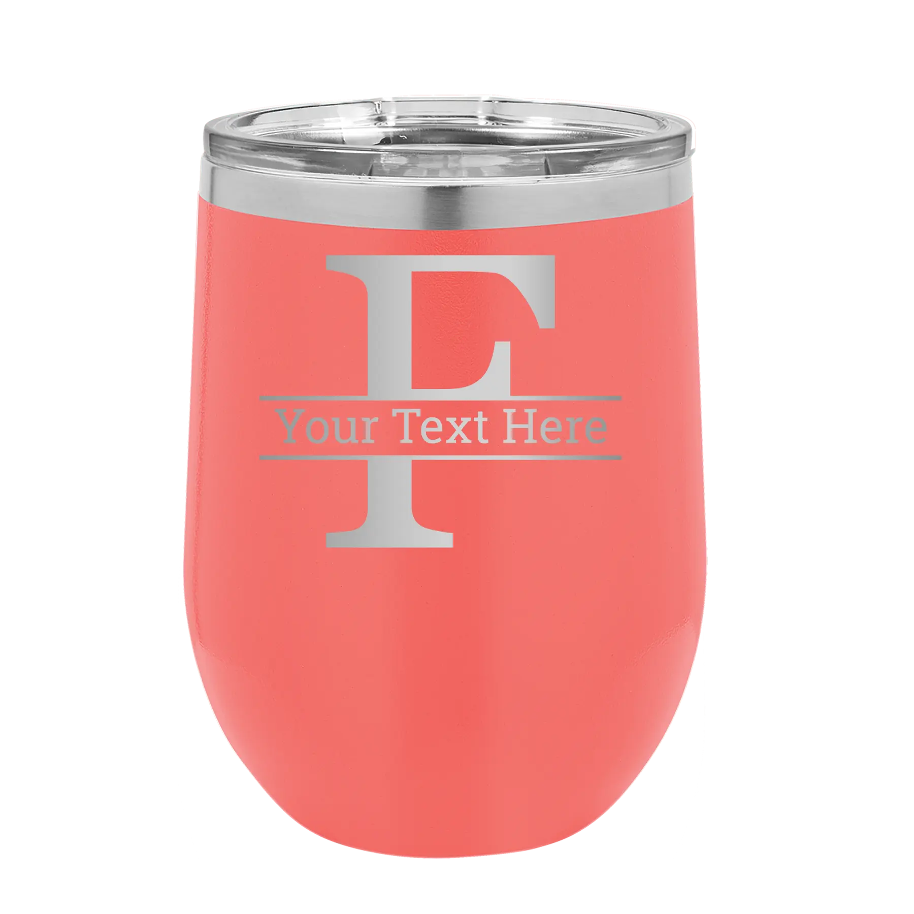 Personalized coral 12 oz vacuum insulated wine cup with 'Monogram letter F' design