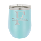 Personalized light blue 12 oz vacuum insulated wine cup with 'Monogram letter F' design