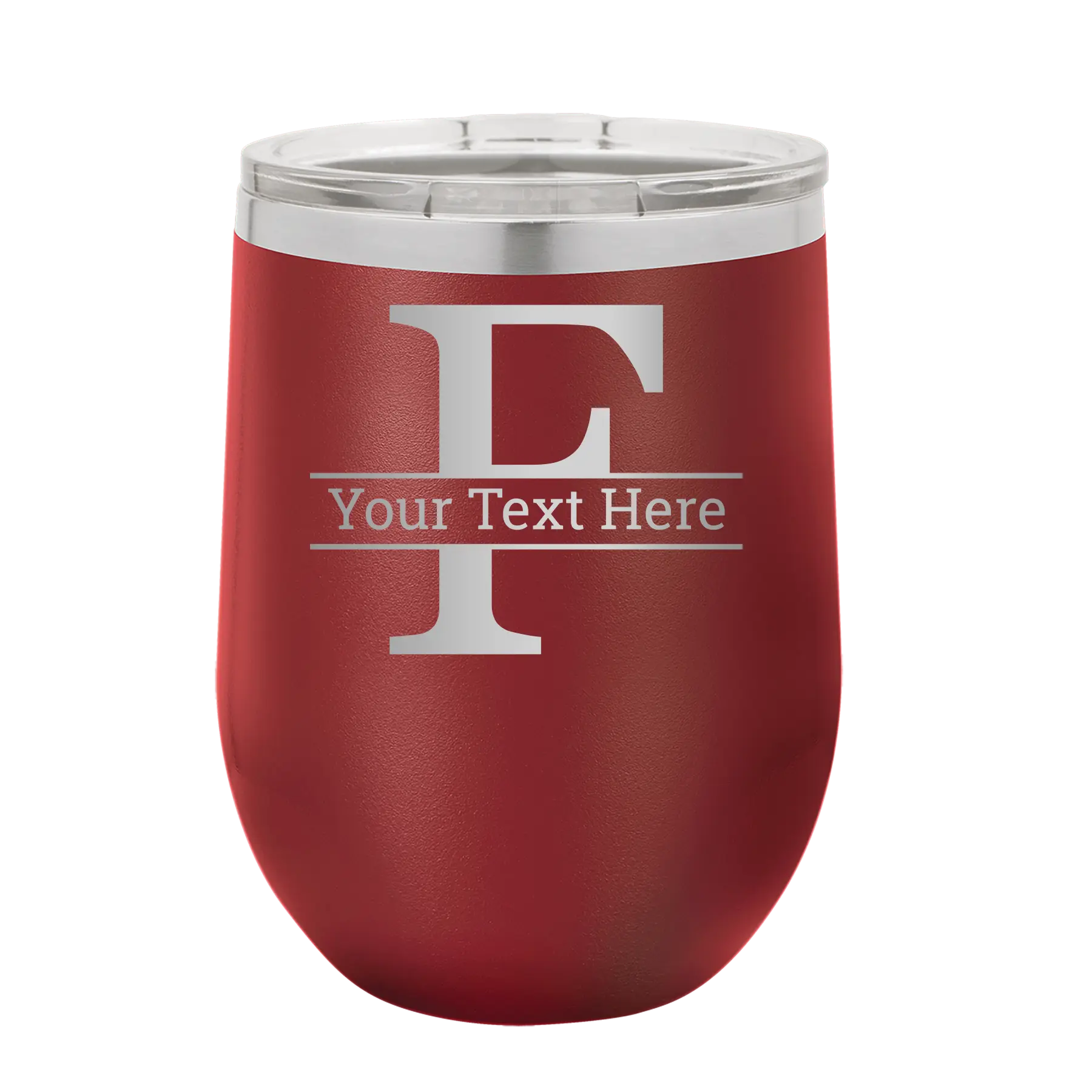 Personalized maroon 12 oz vacuum insulated wine cup with 'Monogram letter F' design
