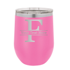 Personalized pink 12 oz vacuum insulated wine cup with 'Monogram letter F' design