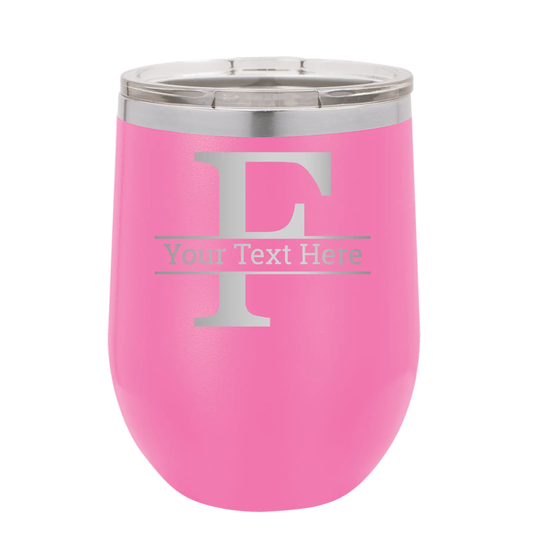 Personalized pink 12 oz vacuum insulated wine cup with 'Monogram letter F' design