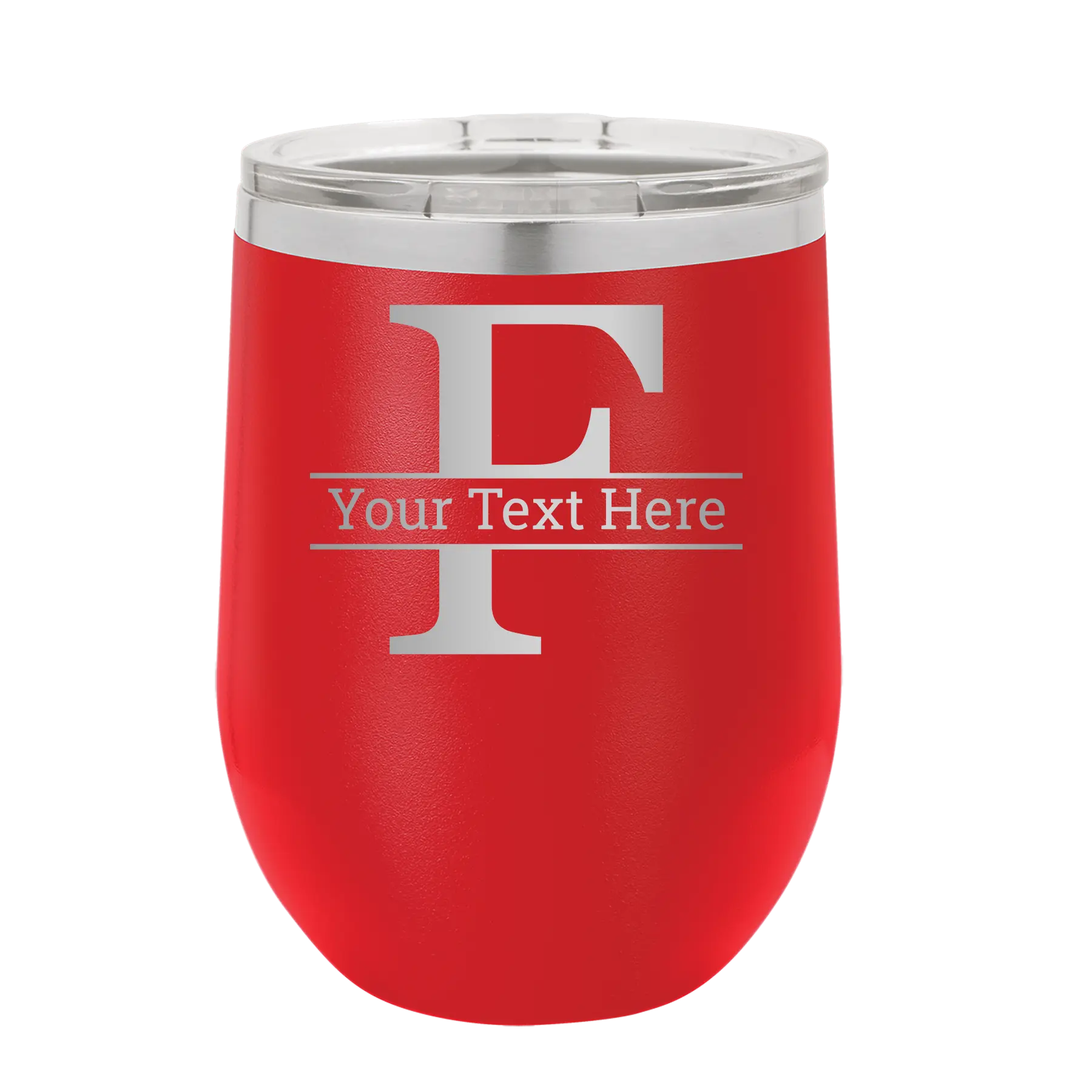 Personalized red 12 oz vacuum insulated wine cup with 'Monogram letter F' design