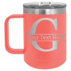 Personalized coral 15 oz vacuum insulated coffee mug with 'Monogram letter G' design