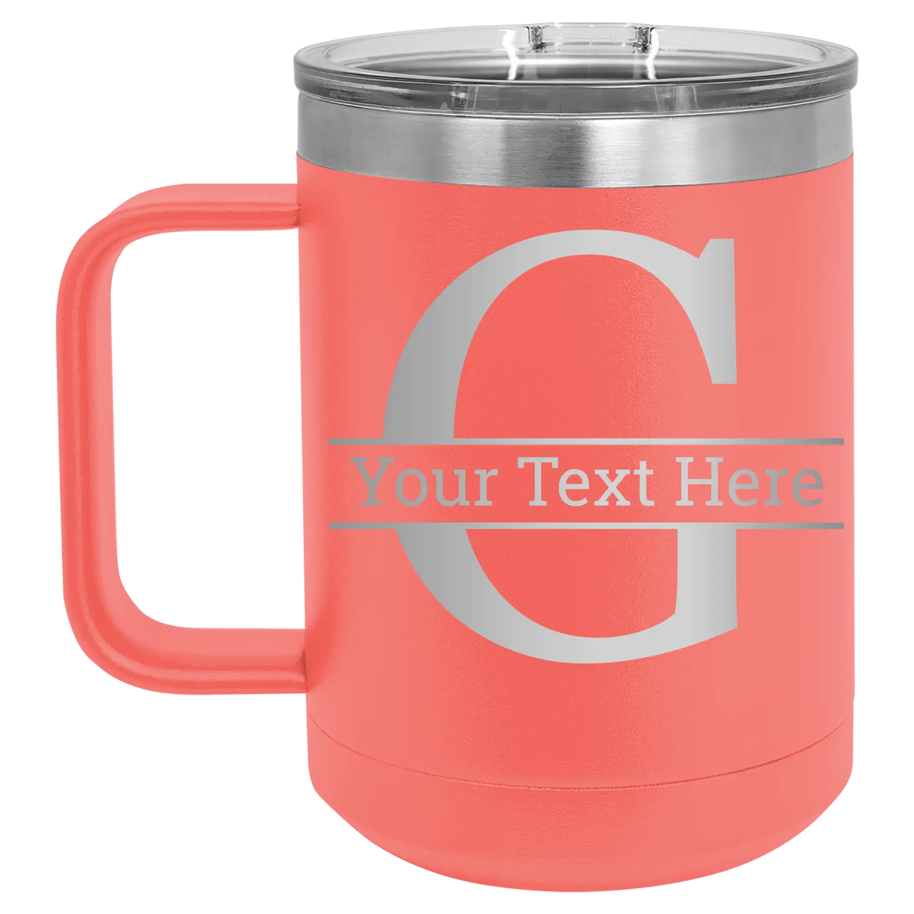 Personalized coral 15 oz vacuum insulated coffee mug with 'Monogram letter G' design