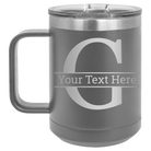 Personalized dark gray 15 oz vacuum insulated coffee mug with 'Monogram letter G' design