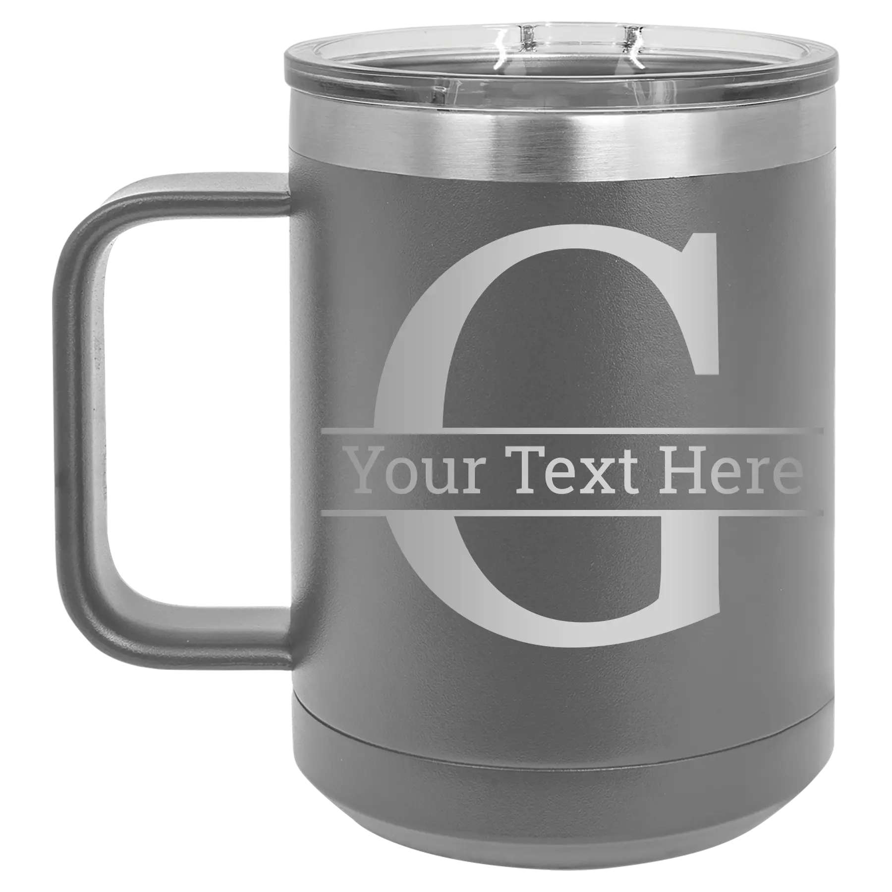 Personalized dark gray 15 oz vacuum insulated coffee mug with 'Monogram letter G' design