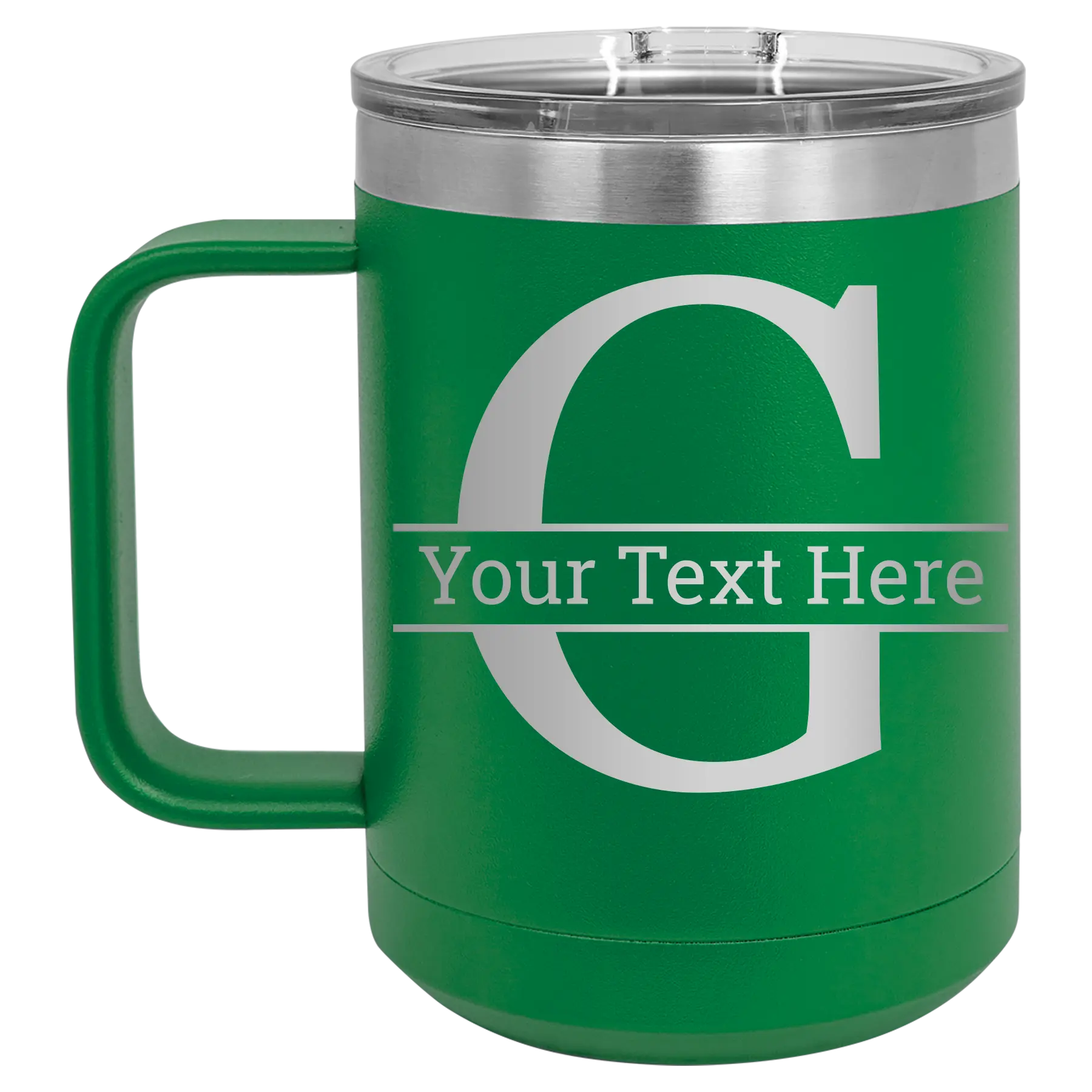 Personalized green 15 oz vacuum insulated coffee mug with 'Monogram letter G' design