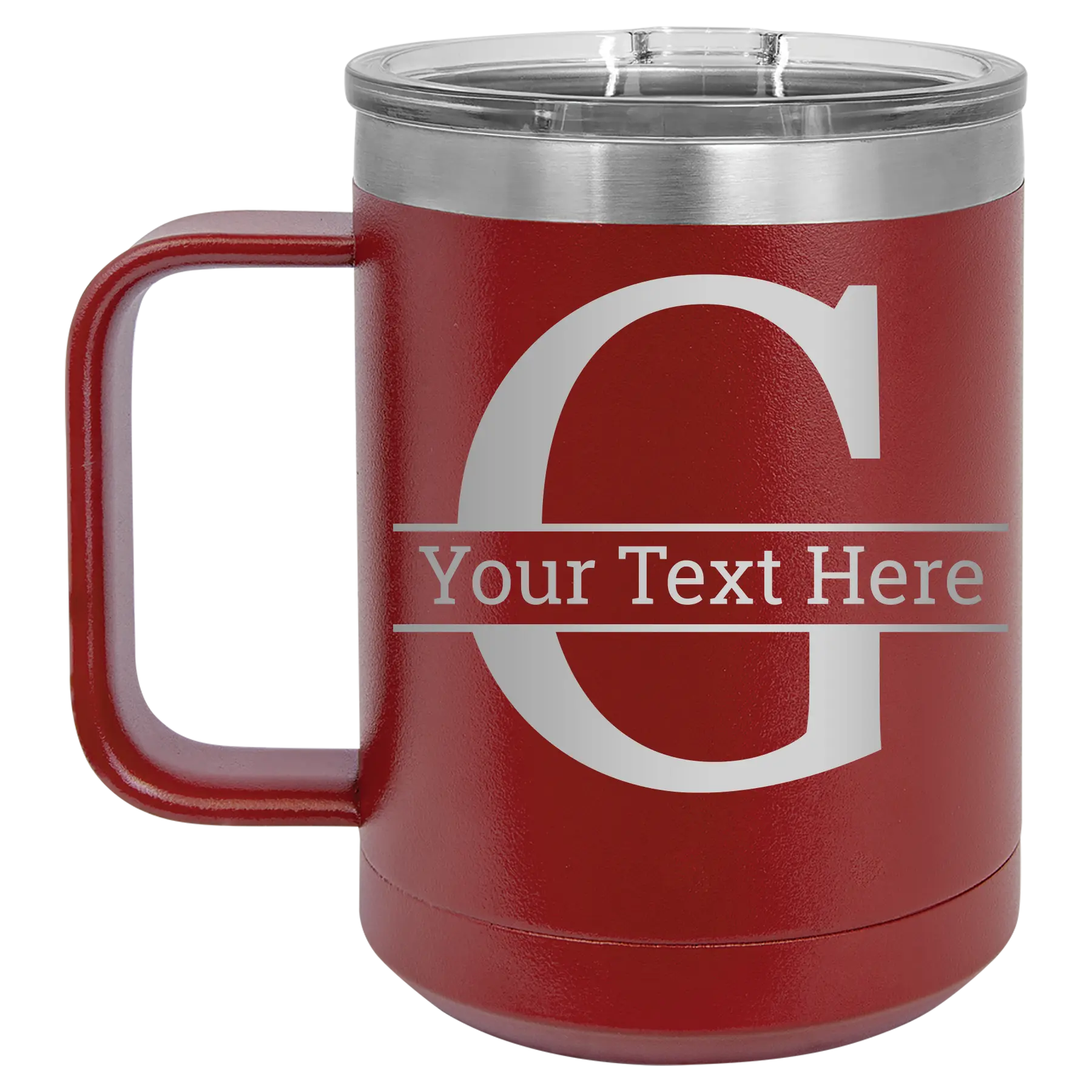 Personalized maroon 15 oz vacuum insulated coffee mug with 'Monogram letter G' design