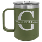 Personalized olive green 15 oz vacuum insulated coffee mug with 'Monogram letter G' design