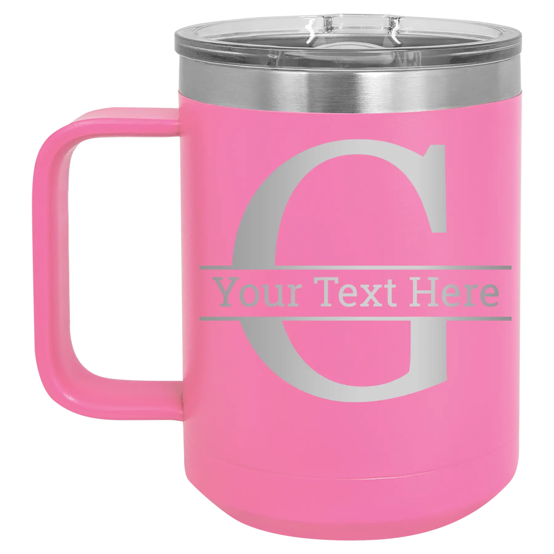 Personalized pink 15 oz vacuum insulated coffee mug with 'Monogram letter G' design
