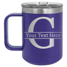 Personalized purple 15 oz vacuum insulated coffee mug with 'Monogram letter G' design