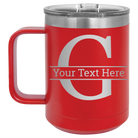 Personalized red 15 oz vacuum insulated coffee mug with 'Monogram letter G' design