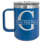Personalized royal blue 15 oz vacuum insulated coffee mug with 'Monogram letter G' design
