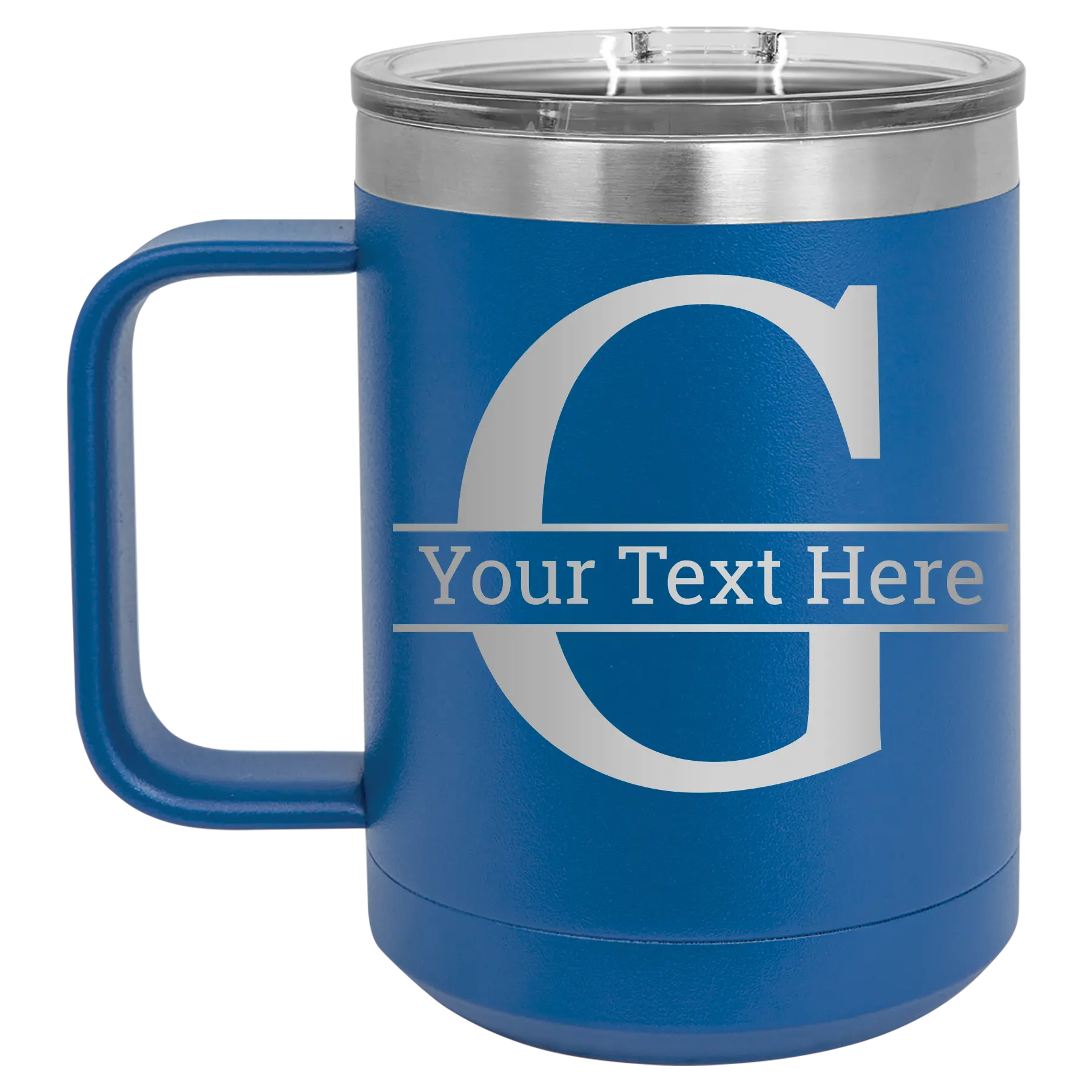 Personalized royal blue 15 oz vacuum insulated coffee mug with 'Monogram letter G' design
