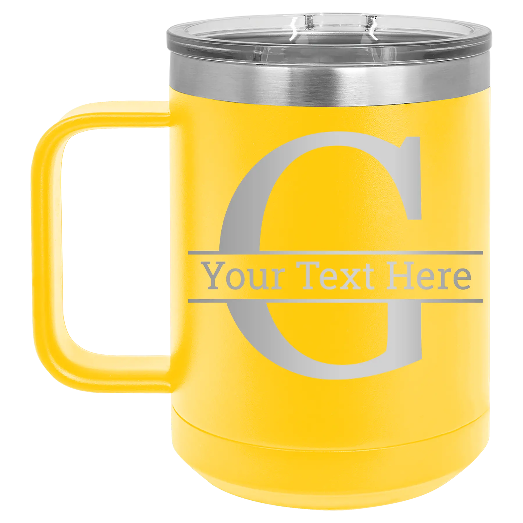 Personalized yellow 15 oz vacuum insulated coffee mug with 'Monogram letter G' design