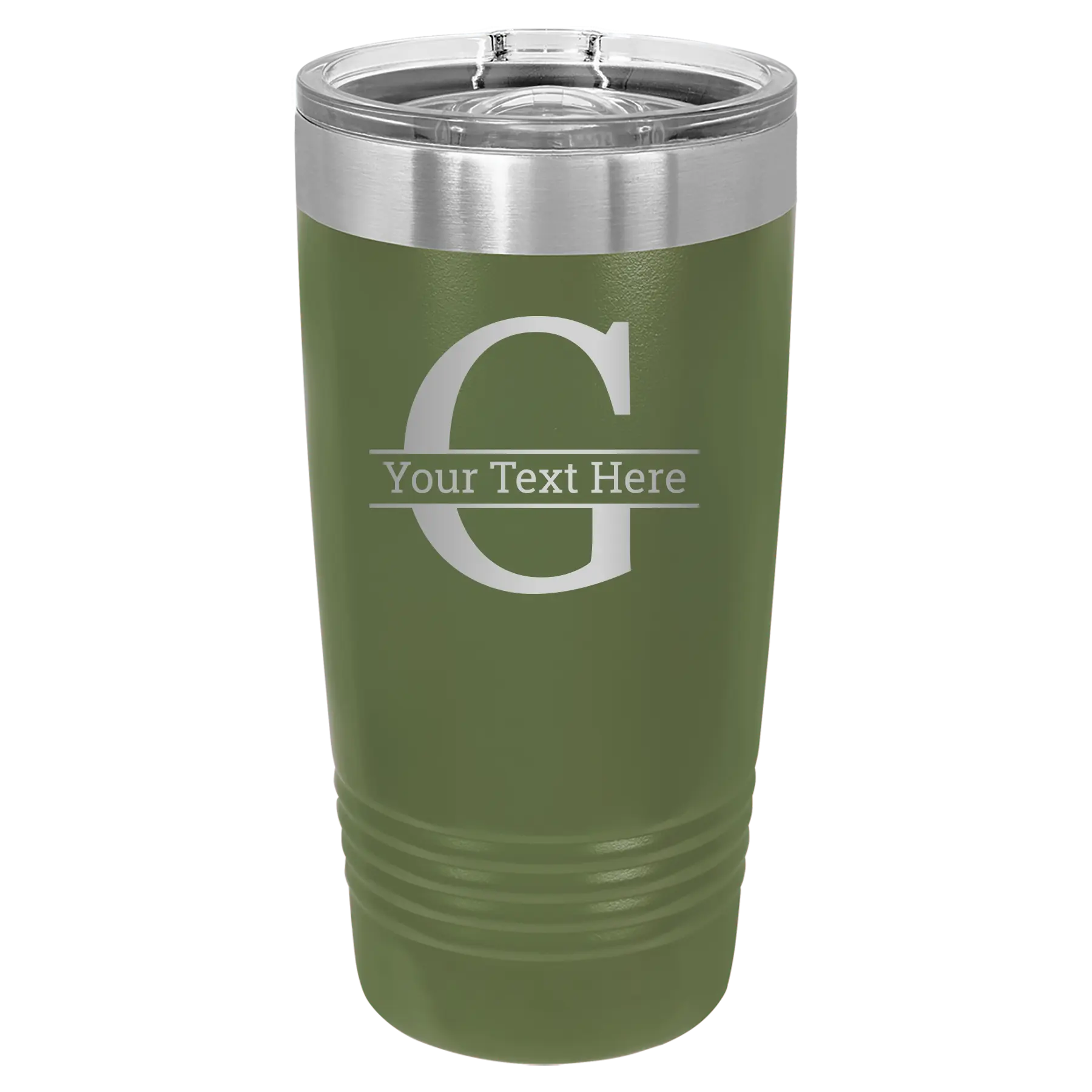 Personalized olive green 20 oz vacuum insulated tumbler with 'Monogram letter G' design